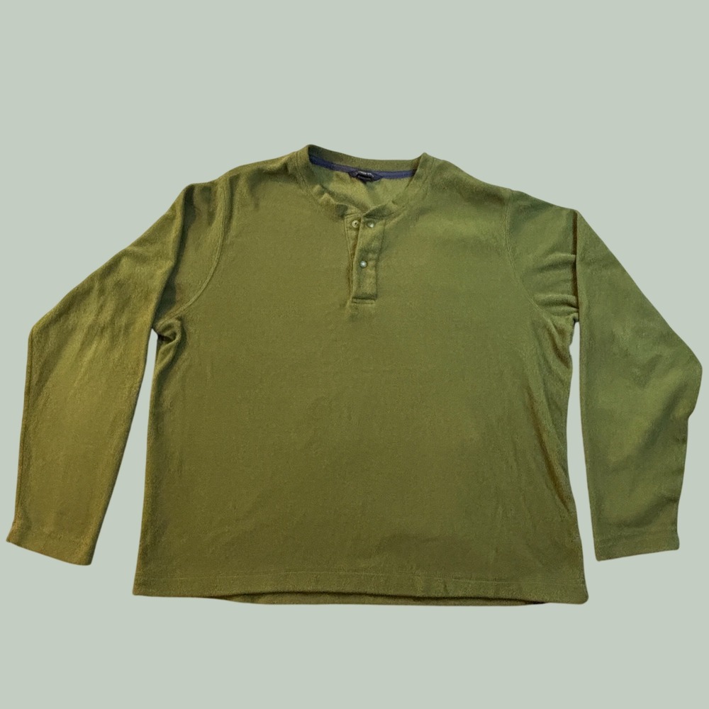 Lands End Polartec Fleece Shirt Mens L 42-44 Olive  Henley Long Sleeve Pullover